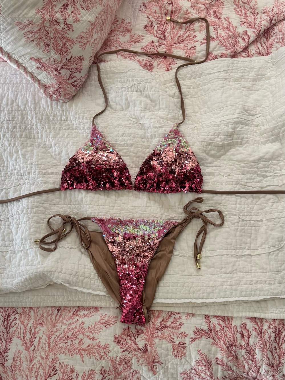 Beach Bunny Pink Sequin Ombre Triangle Bikini Set